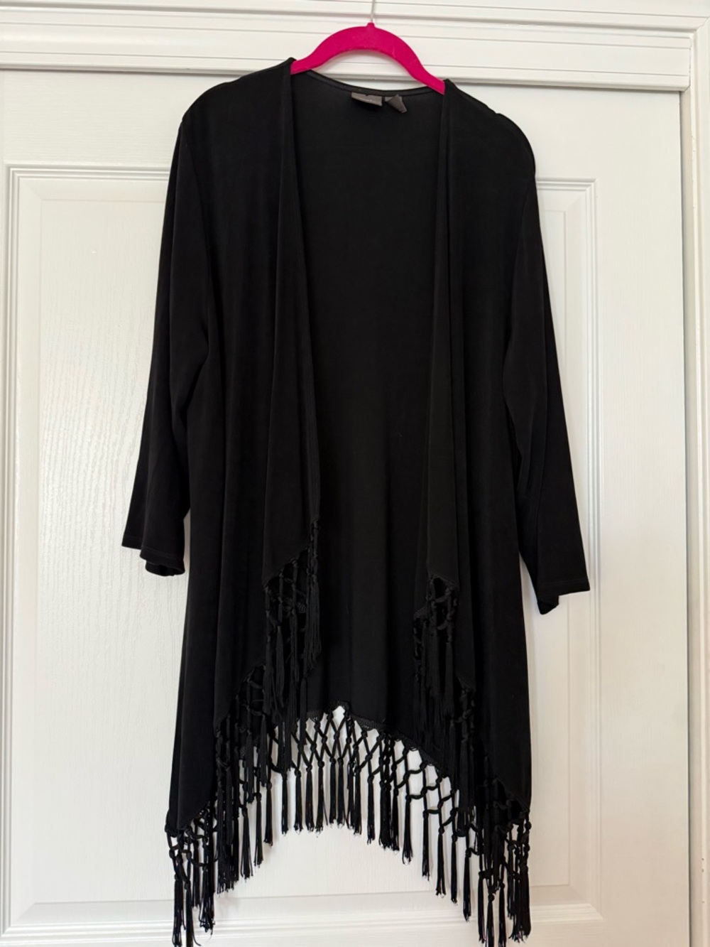 Chico's Travelers Black Fringe Open-Front Topper